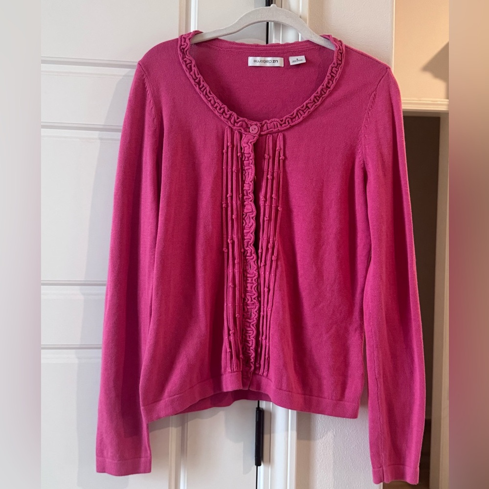 Precious 100% cotton Liz Claiborne Pink Ruffle Front Cardigan